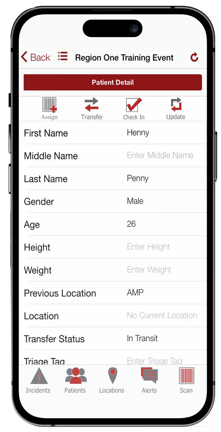 Asset Location Tracking mobile application screen of a patient's details